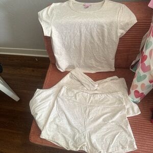 Three-Piece Cream Lounge Set- Top, Foldover flared leggings &Shorts